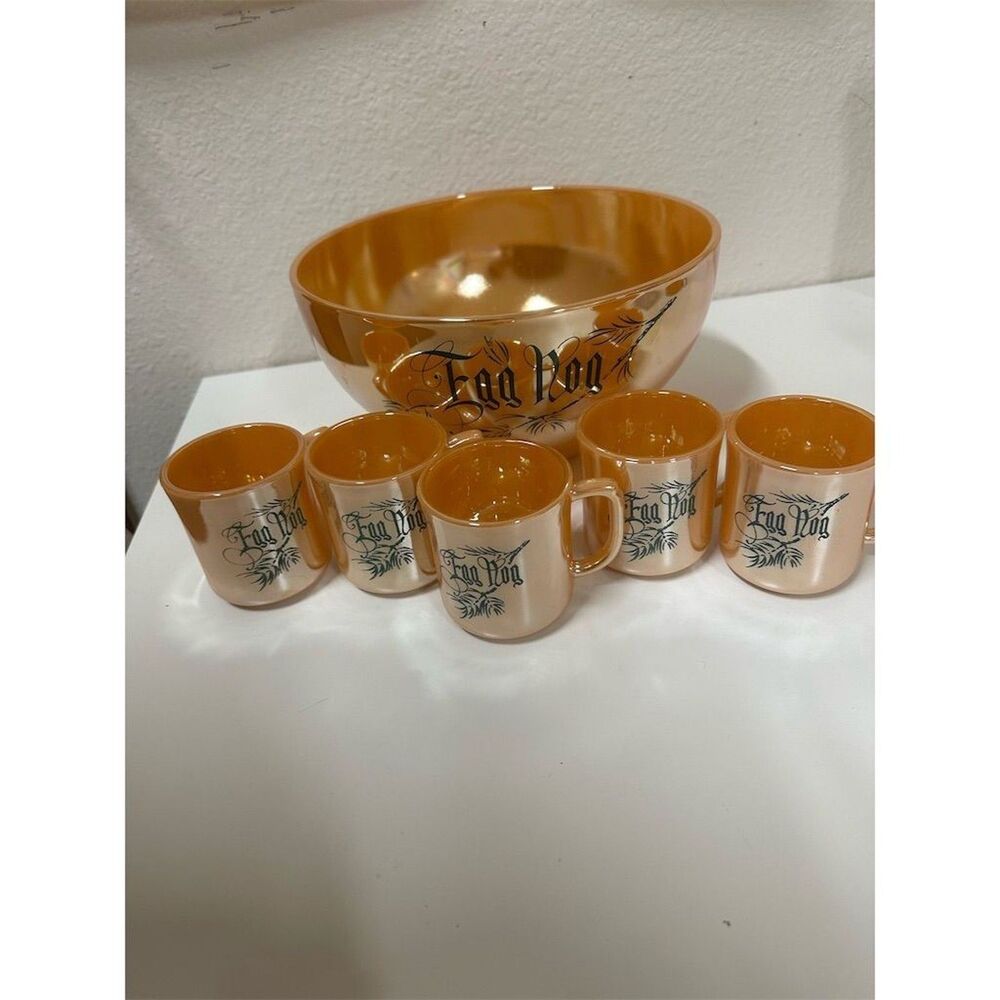 Vintage Fire King Peach Luster Tom and Jerry Punch Bowl Set 7-Piece